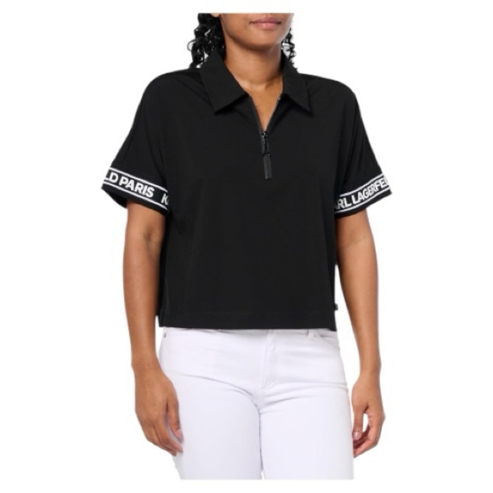 Karl Lagerfeld Paris Black Half Zip Logo Trim Top l Size L l Poshmark